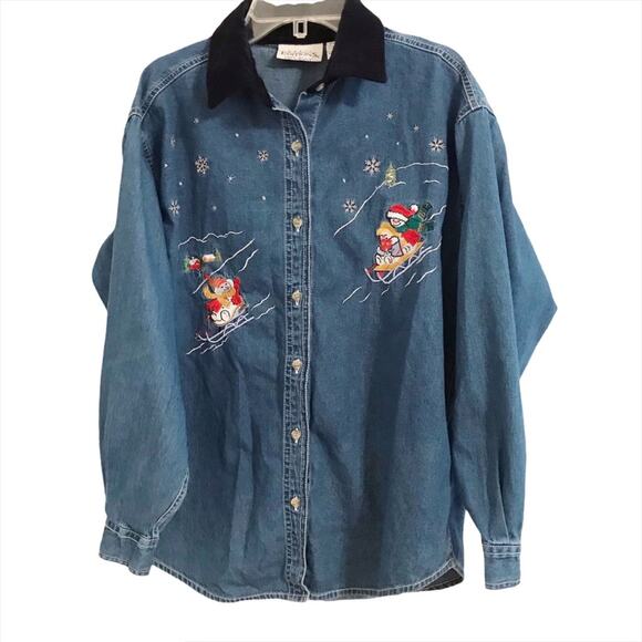 Holiday Denim Shirt Embroidered Snowman Y2K - Picture 1 of 9